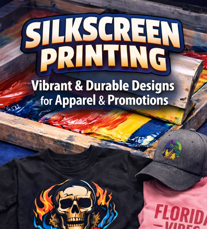 Silkscreen printing setup with t-shirts and a cap on a blue surface, featuring 'Silkscreen Printing' text.

